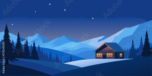 Cozy Cabin in Snowy Mountains at Night with Stars Keywords: cozy, cabin, house, home, winter
