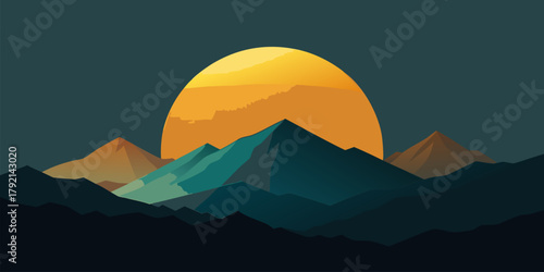 Dramatic mountain peaks at sunset with large orange sun
