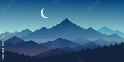 Crescent Moon Over Layered Blue Mountains and Forest