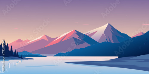 Geometric Mountain Range Reflected in Calm Water at Sunset Keywords: geometric, mountain range