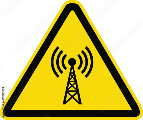Yellow warning sign with radio tower and signal waves symbolizing wireless radiation hazard. Perfect for safety signage, communication technology graphics, and electromagnetic transmission alerts.