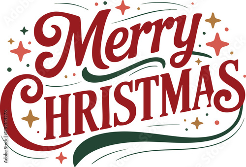 Merry Christmas Hand Lettering Design, Holiday Typography with Stars and Swirls, Red and Green Festive Merry Christmas Text, Vintage Style Christmas Greeting Illustration