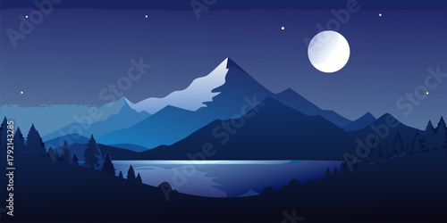 Snowy Mountain Peak Reflecting in a Calm Lake at Night
