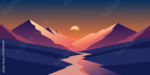 Warm Sunset Over a Winding River Valley mountains warm colors