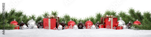 Isolated glossy christmas decoration lined up on snow. 3D rendering red and black shiny baubles ornaments. Gifts with bows and glossy golden stars