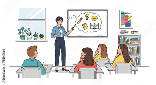 A teacher stands at a whiteboard in a classroom, pointing to drawings of learning materials while students attentively listen.