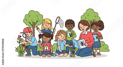 A diverse group of young children and a teacher exploring nature outdoors, observing plants and insects, and reading a book about bugs.