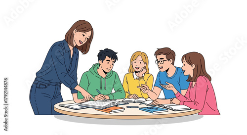 A teacher assisting a group of students, pointing at a document on a table during a collaborative session.
