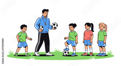 A soccer coach is teaching a group of children how to play soccer on a green field.