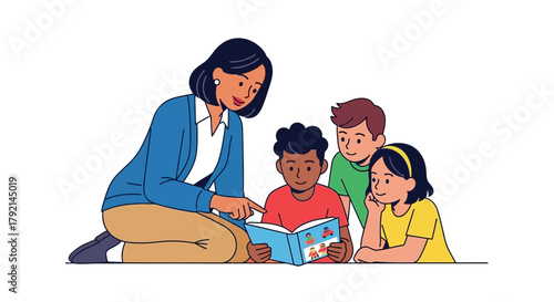 A female teacher kneels on the floor reading a picture book to three diverse young children who are listening attentively.