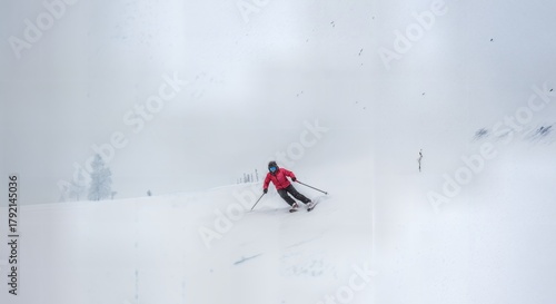 Heavy snowfall whiteout conditions at alpine ski resort abstract atmospheric winter weather minimal visibility