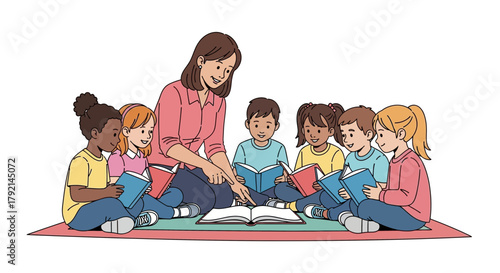 Teacher reading to children sitting in a circle on a rug.