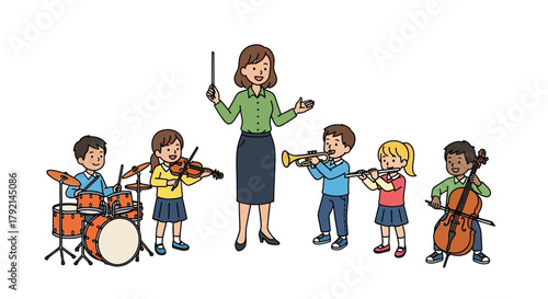 A cheerful music teacher conducts a diverse group of young children playing various instruments in an orchestra.