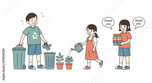 Illustration of children participating in environmental activities, including recycling, watering plants, and donating books.