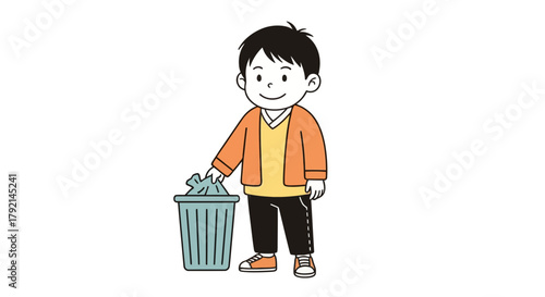 A cartoon illustration of a young boy responsibly putting garbage into a trash can.