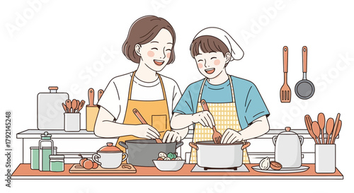 A heartwarming illustration of a mother and her son happily cooking together in a kitchen.