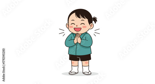 Cartoon illustration of a happy child with hands clasped in a gesture of greeting or gratitude.
