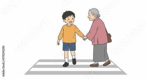 A kind young boy helps an elderly woman walk across a pedestrian crosswalk.