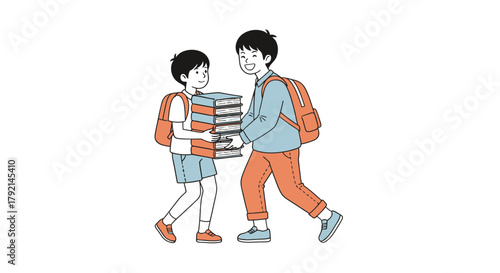 Two young boys, one taller than the other, are carrying a stack of books together while wearing backpacks.