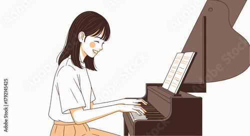 A happy young woman with short dark hair smiling while playing a dark brown piano with sheet music.
