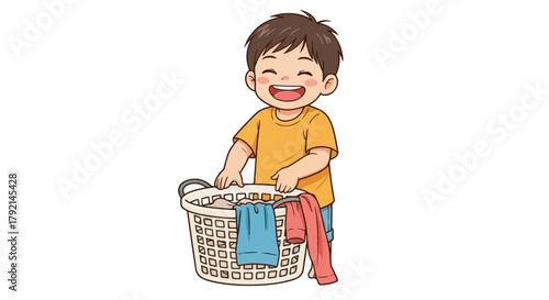A cheerful young boy with a big smile is holding a laundry basket with clothes.