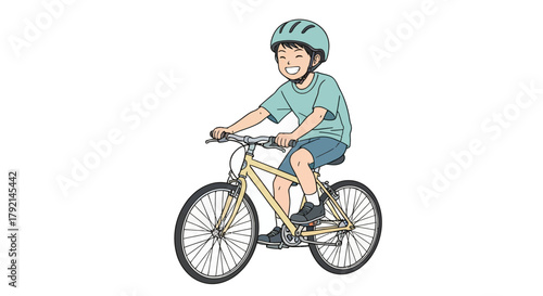 Illustration of a boy riding a bicycle with a helmet on a white background.
