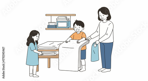 A mother and her two children are folding laundry together, tidying up their home.