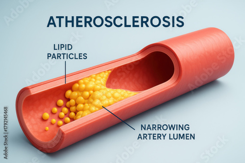 Atherosclerosis medical illustration showing narrowing artery lumen with lipid particle plaque. serious cholesterol concept detailing buildup inside human blood vessel