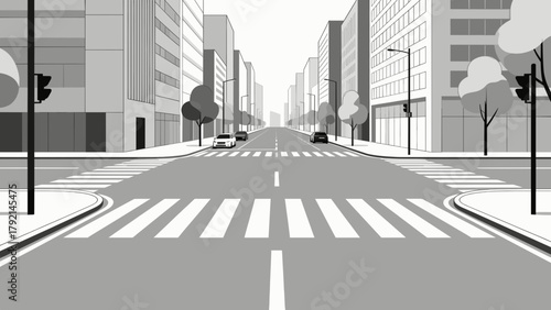 Urban street with crosswalk and city buildings in monochrome style  
