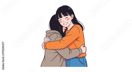 Two young women with dark hair embracing each other warmly, showing friendship and affection in a comforting hug.