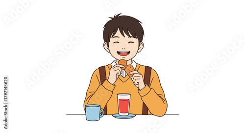 A young boy with braces happily eating a snack with a drink beside him.