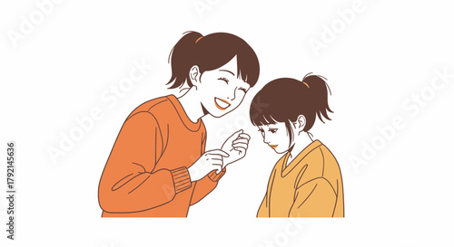 A woman comforting a sad girl, both wearing orange sweaters.
