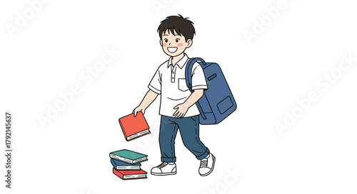 A cheerful cartoon schoolboy with a blue backpack and a stack of books, isolated on a white background.