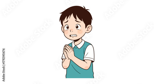 A young boy with dark hair and a worried expression clasps his hands together, looking concerned.