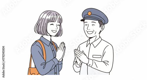 A smiling young woman and a smiling man in a uniform with their hands pressed together in a greeting gesture.