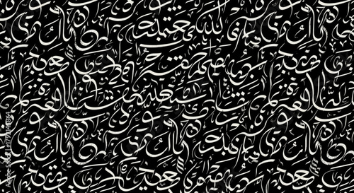 Background Arabic letters used in inscriptions, ornaments, Islamic inscriptions, Arabic ornaments. Abstract background featuring black Arabic text in a creative, artistic style.