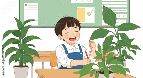 A cheerful young boy with short black hair, wearing a white shirt and blue overalls, sits at a desk in a classroom, surrounded by lush green potted plants, smiling brightly as he holds a pencil.