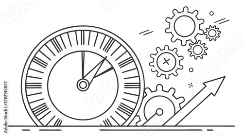 Progress and Efficiency Concept: Line Art Illustration of a Clock, Gears, and Upward Arrow for Time Management and Business Growth