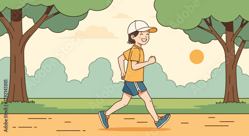 A happy young person walking outdoors in a park with trees and sunshine, wearing a cap and sportswear.