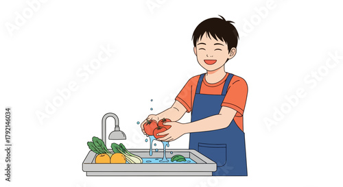 An illustrated young boy wearing an apron happily washing fresh tomatoes in a kitchen sink.