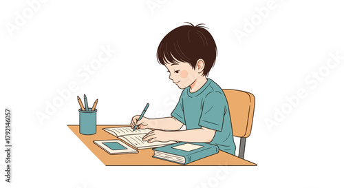 A young boy diligently studying and writing at his desk with a pen, notebook, and tablet.