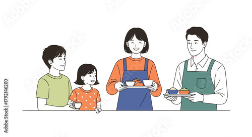 A happy family of four, with parents in aprons serving food and drinks to their children.