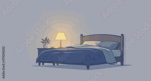 A cozy bedroom scene with a lit lamp, a bed, and a nightstand, creating a warm atmosphere.