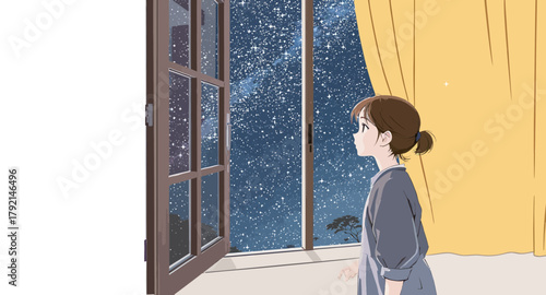 A young woman gazes out an open window at a breathtaking starry night sky, with soft yellow curtains framing the scene.
