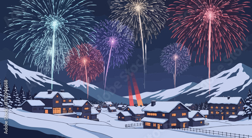 A picturesque winter village nestled in snow-covered mountains, illuminated by a vibrant fireworks display.