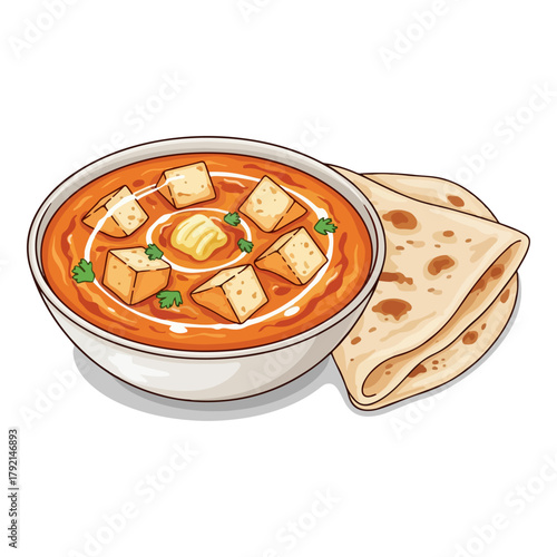 Paneer Butter Masala with Naan Bread - Traditional Indian Cuisine Vector Illustration  

