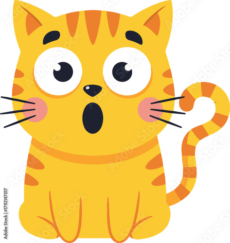 A surprised yellow/orange tabby cat with large eyes and an open mouth, sitting and looking startled in a simple flat vector cartoon style.