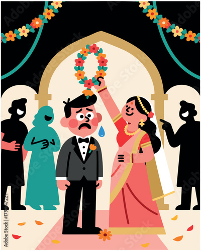 Distressed groom receiving floral garland at traditional indian wedding