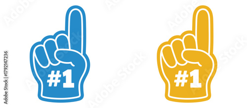 Number one foam fingers in blue and yellow, isolated vector illustration on white background, sports fan cheering hand accessory, stadium support, and team spirit symbol