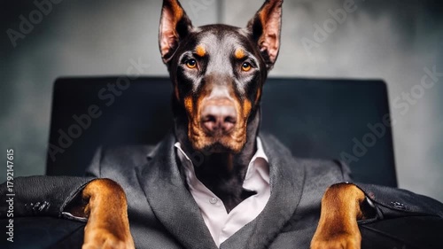 Doberman in a suit sits like a boss in a leather chair with dramatic lighting turning canine charisma into a humorous corporate portrait that mixes loyalty confidence and a playful executive